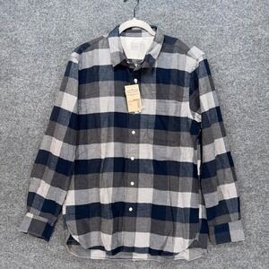 Muji Shirt Mens Large Navy Organic Cotton Flannel Buffalo Plaid Button Up NEW